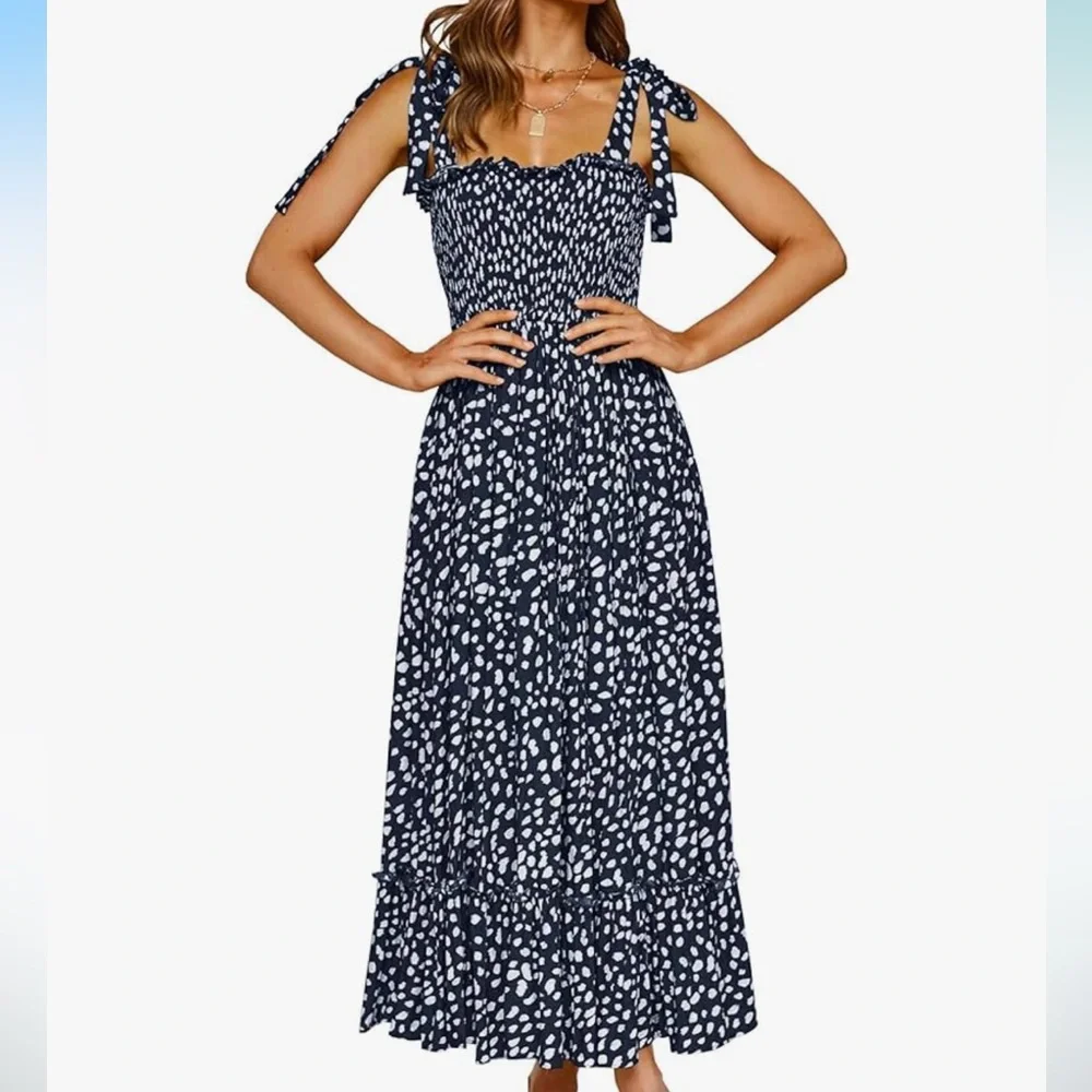 Navy blue and white smock dress with adjustable straps - Picture 3 of 11